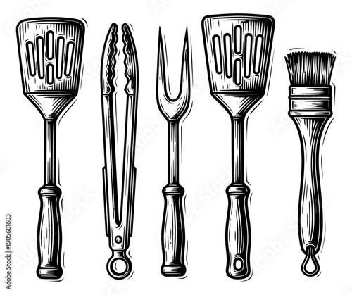 Hand drawn line art barbecue tools set featuring spatulas, tongs, carving fork, and basting brush for grilling and cooking