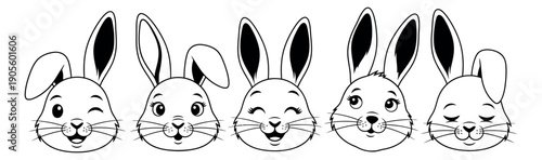 Cute cartoon line art rabbit faces set featuring five different expressions for Easter and spring projects