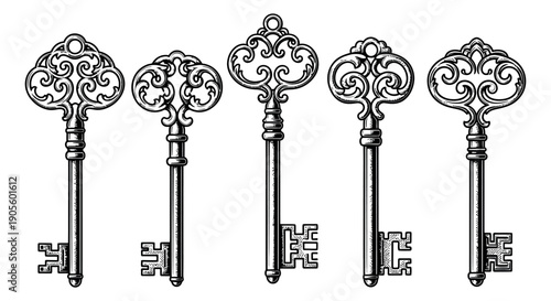 Engraved line art vintage keys set featuring five ornate designs for historical and decorative concepts