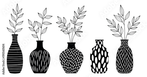 Hand drawn line art botanical vase set featuring various patterns and leafy branches for interior decoration projects