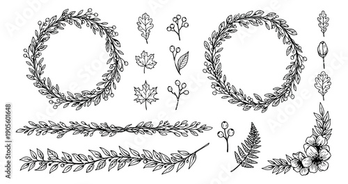 Hand drawn line art botanical design set featuring wreaths, borders, leaves, and berries for wedding invitations and greeting cards