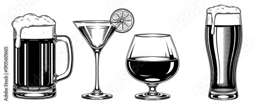 Vintage line art alcoholic beverages set featuring beer, martini, and brandy glasses for bar and restaurant menus