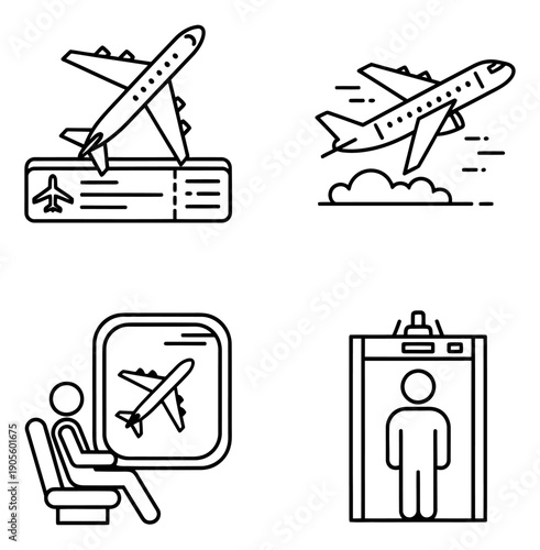 Line art air travel icons set featuring airplanes, boarding pass, passenger, and security check for modern transportation