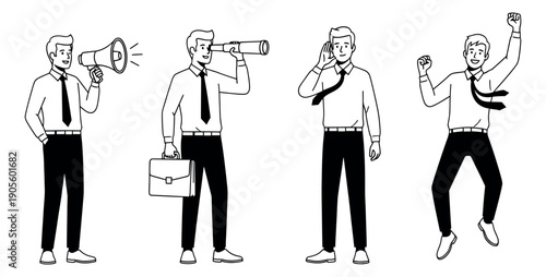 Line art businessman character set featuring a man communicating, looking, listening, and celebrating for business concepts