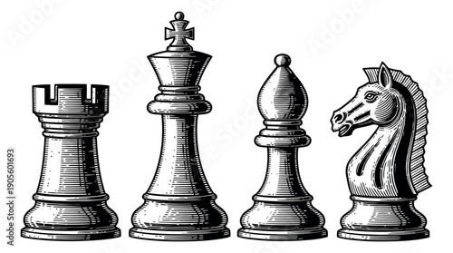 Engraving style chess pieces set featuring a rook, king, bishop, and knight for a strategy game