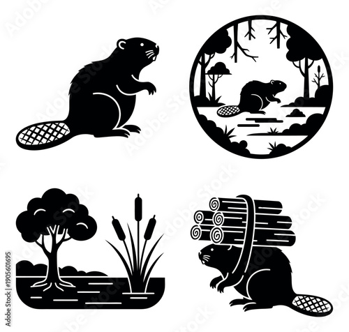 Silhouette beaver icon set featuring beavers, their natural habitat elements, and logs for nature and construction themes