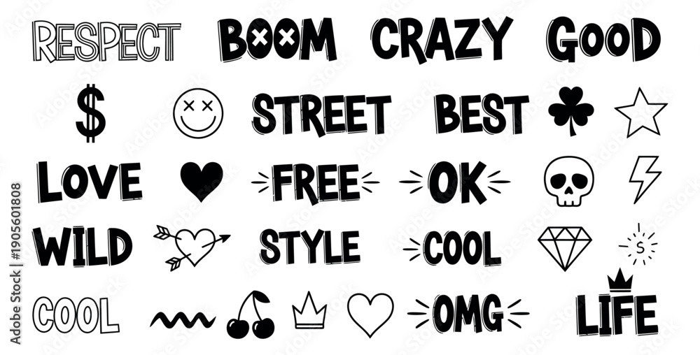 Fototapeta premium Hand drawn street art style typography and element set featuring modern words and common symbols for urban designs
