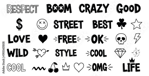 Hand drawn street art style typography and element set featuring modern words and common symbols for urban designs