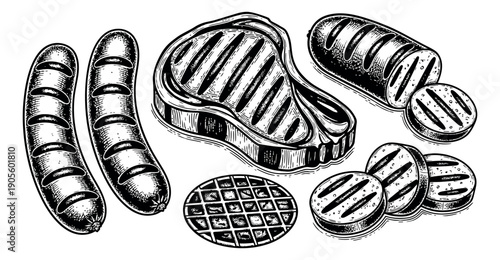 Hand drawn line art grill food set featuring grilled sausages, steak, and a grill grate for barbecue party designs