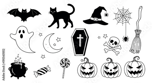 Hand drawn Halloween elements set featuring bats, cats, ghosts, pumpkins, witch hats, and coffins for seasonal designs