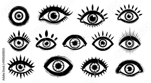 Grunge hand drawn line art eye illustrations set featuring a collection of mystic and protective eyes for spiritual and mystical branding