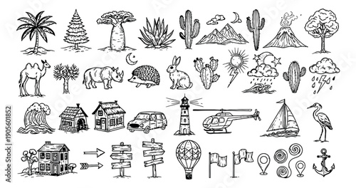 Hand drawn line art world elements set featuring plants, animals, weather, and transportation for nature and travel concepts