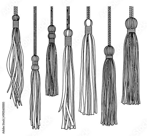 Hand drawn line art tassel set featuring decorative fringe elements for fashion accessories and craft projects