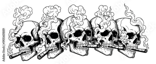 Hand drawn line art skulls set featuring multiple human skulls smoking cigars with billowing smoke for graphic design