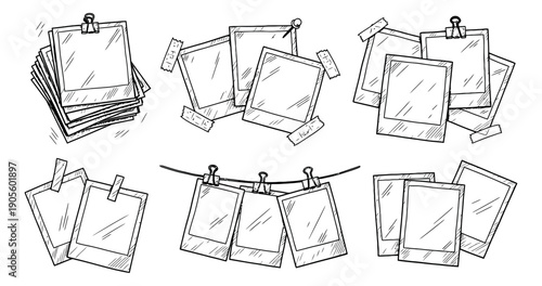 Hand drawn instant photo frame set featuring stacked, taped, pinned, and hanging displays for memories and photography