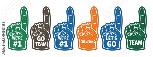 Outline Fan Foam Fingers Vector Artwork, Colourful Support Gloves With Number One And Hands Up, Football Fan Cheering Crowd Concept On White Background Line Art Illustration.