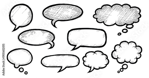 Hand drawn speech bubble set featuring various empty speech and thought bubbles for text and dialogue