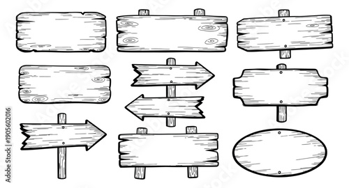 Hand drawn line art wooden signboard set featuring various rustic plank and arrow designs for display messages or directions