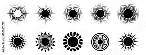Minimalist graphic sun symbol set featuring diverse radiating shapes for weather forecasts and spiritual concepts