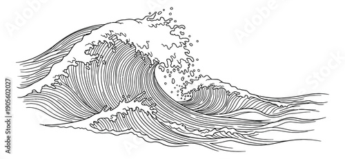 Hand drawn line art illustration of an ocean wave depicting crashing water and spray for marine and nature designs