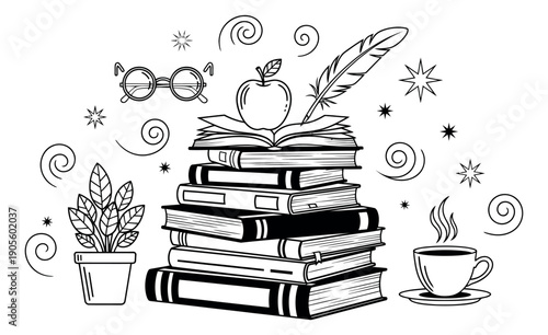 Hand drawn line art education set featuring a stack of books and study essentials for learning and knowledge