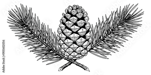 Hand drawn line art illustration of a pine cone with pine needles depicting natural arrangement for seasonal designs