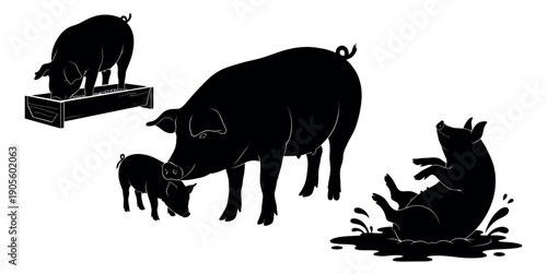 Line art pig set featuring pigs eating, caring for a piglet, and wallowing for farm animal illustrations