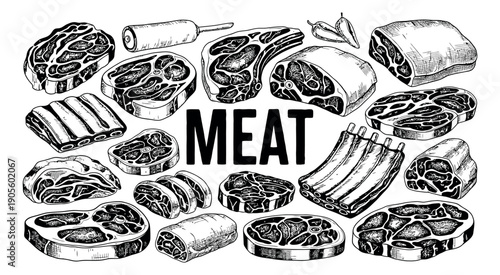 Hand drawn line art meat cuts set featuring various steaks, ribs, and chops for butchery and restaurant menus