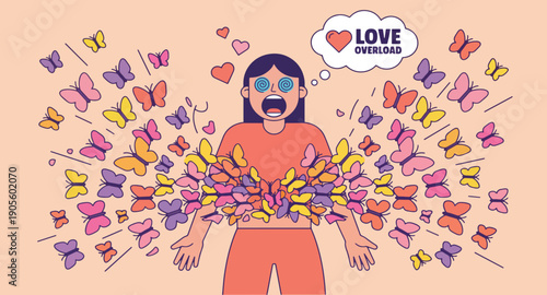 A vibrant illustration of a person surrounded by colorful butterflies, symbolizing love, freedom, and joy, with a thought bubble expressing affection.