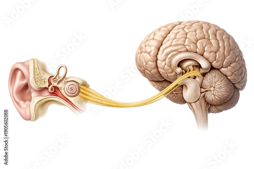 Human Ear Anatomy and Auditory Nerve Connection to Brain Medical Illustration