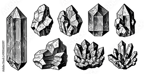 Hand drawn line art crystal set featuring different mineral formations for decorative designs