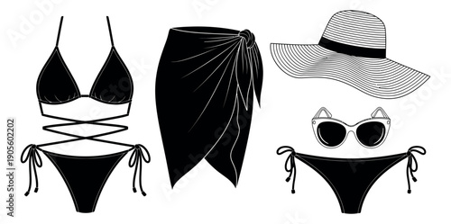 Line art beachwear set featuring a bikini, sarong, sun hat, and sunglasses for summer vacation