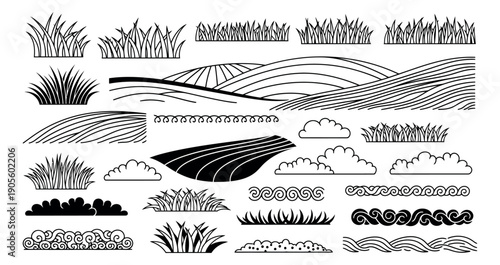 Line art nature elements set featuring various grass types, cultivated fields, clouds, and decorative wave borders for natural landscapes and outdoor design projects