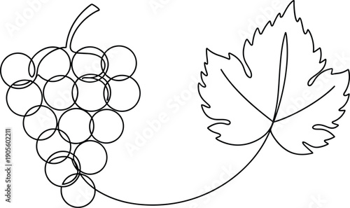 Continuous line grape cluster with leaf illustration, minimalist organic fruit and wine concept vector art isolated on white background