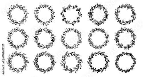 Hand drawn line art floral wreath set featuring leaves and flowers for design elements