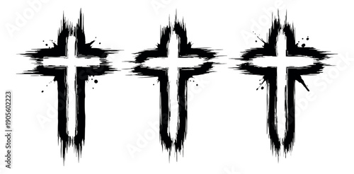 Grunge brush stroke religious cross set featuring an artistic, textured design with ink splatters for christianity and spirituality