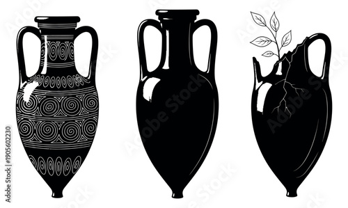 Line art amphora set featuring decorated, plain, and broken ancient vessels, one with a plant for ancient Greek history and decorative purposes