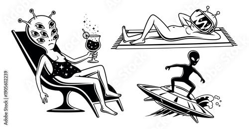 Hand drawn line art alien characters set featuring different aliens enjoying summer fun, sunbathing, surfing, and sipping cocktails for summer vacation and leisure