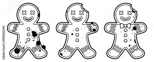 Hand drawn line art gingerbread men set featuring three distressed zombie cookies, some bitten, with ink splatters for spooky Halloween designs