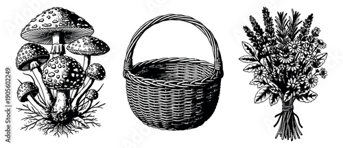 Hand drawn line art forest and garden elements set featuring mushrooms, an empty basket, and a floral bouquet for natural designs