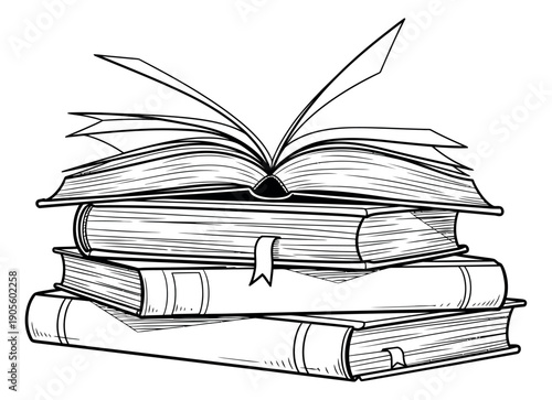 Hand drawn line art illustration of a stack of books depicting an open book for learning and knowledge