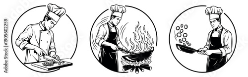 Line art chef set featuring a chef preparing, cooking, and tossing ingredients for the food industry