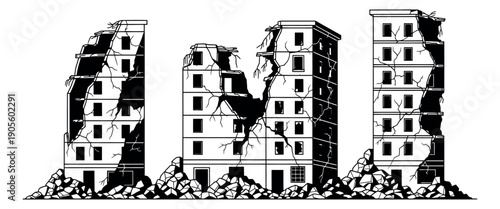 Line art urban buildings set featuring destruction, cracks, and rubble for disaster concepts