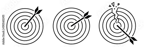 Line art target icons set featuring arrows hitting and missing the mark for business and achievement concepts