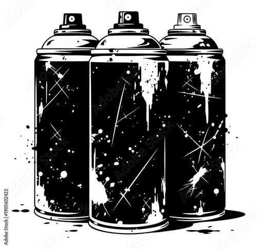 Grunge line art spray cans set featuring black and white splatters and scratches for street art and urban design