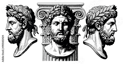 Line art classical busts set featuring bearded male figures wearing laurel wreaths for historical and mythological themes