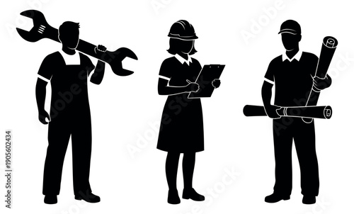 Graphic silhouette professional workers set featuring a mechanic with a wrench, a female engineer with a hard hat, and an architect with blueprints for industry and labor