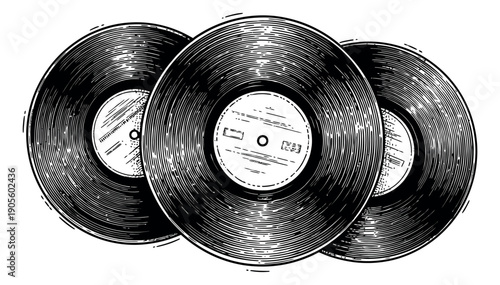 Hand drawn music records set featuring three vintage vinyl discs for retro audio entertainment