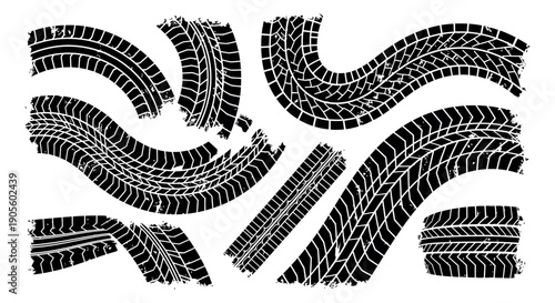Grungy tire tracks set featuring various wheel marks and patterns for automotive and off-road design