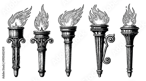 Hand drawn torch set featuring ornate flaming torches for historical, ceremonial, or symbolic purposes